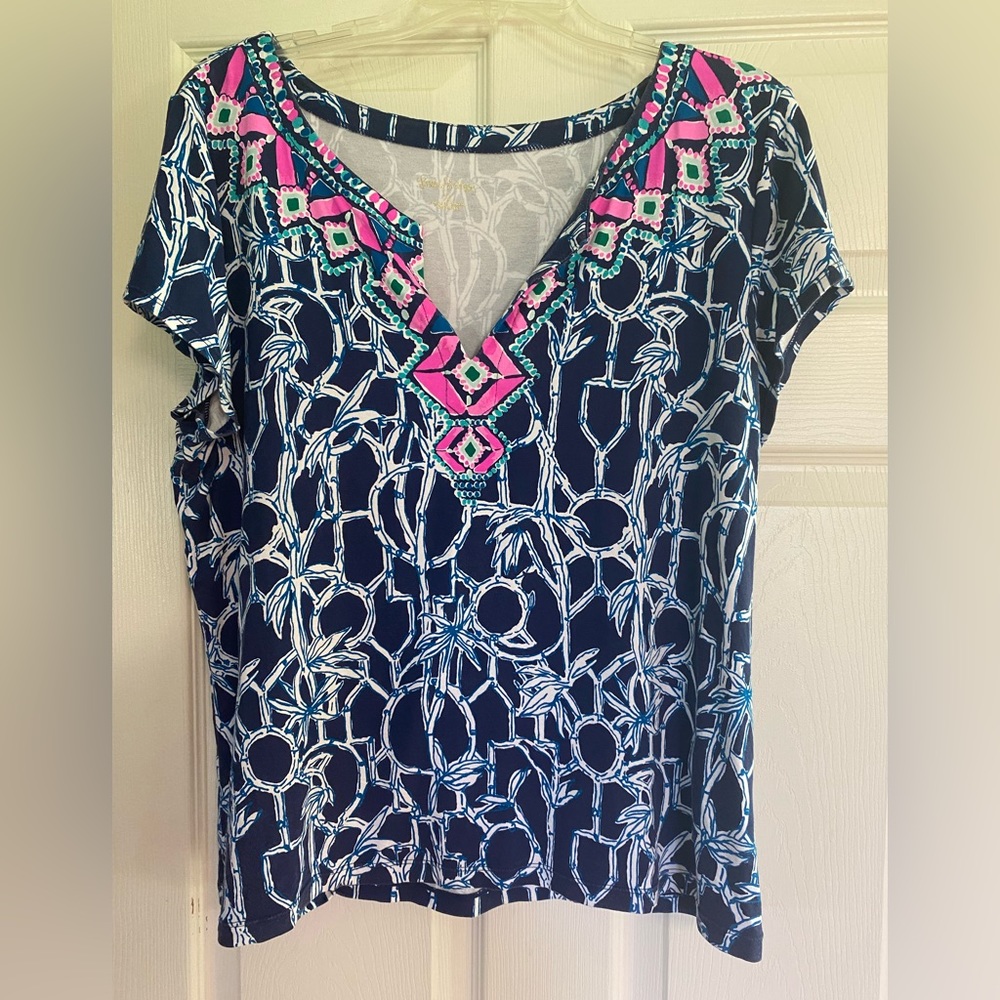 Lilly Pulitzer Alora V neck top.  High Tide Lucky Bamboo print.